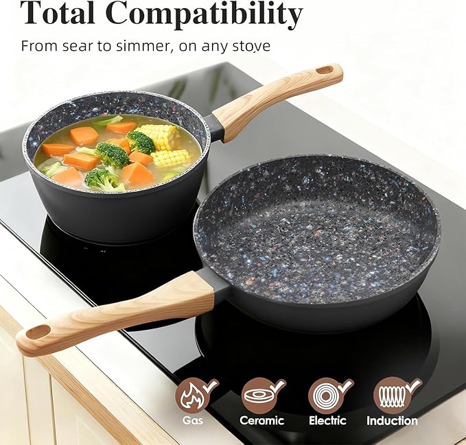 3-Piece Nonstick Pots and Pans Set with Lids, Includes 10.25 Inch Frying Pan 1.5Qt Saucepan and 2.2Qt Stock Pot, PFOA Free Dishwasher Safe Induction Compatible Family Cookware, Black