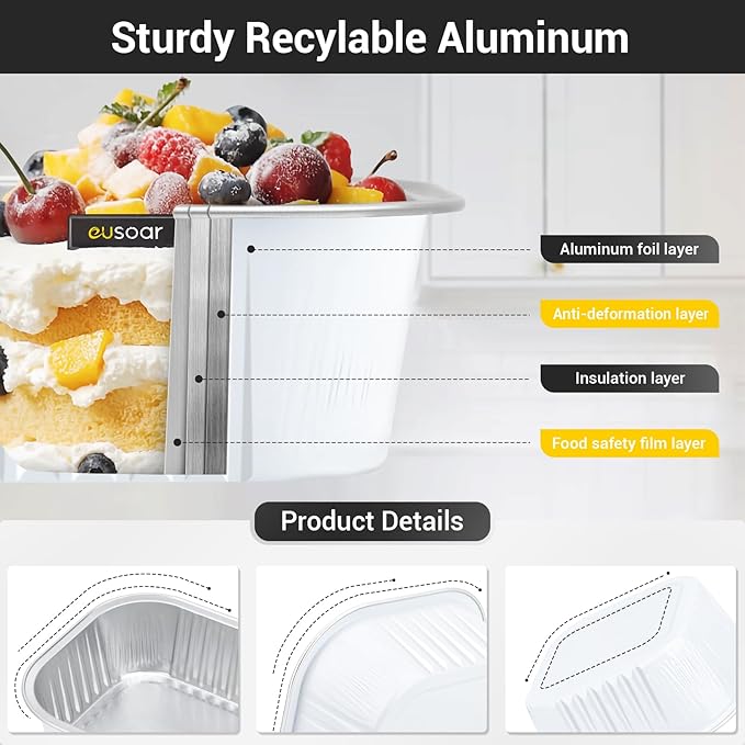 EUSOAR Disposable Ramekins with Lids, White 10oz 50pcs Creme Brulee Ramekins, Aluminum Foil Baking Cups, Square Cupcake Pans, Mini Cake loaf Bread Containers