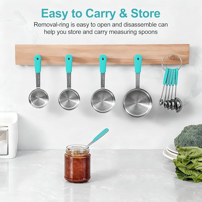 Measuring Cups and Spoons Set, Stainless Steel 10 Piece for Cooking and Baking (5 Cups + 5 Spoons, Aqua Sky Handle)