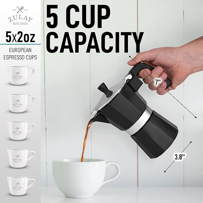 Zulay Classic Italian Style 6 Espresso Cup Moka Pot, Classic Stovetop Espresso Maker for Great Flavored Strong Espresso, Makes Delicious Coffee, Easy to Operate & Quick Cleanup Pot (Dark Gray)