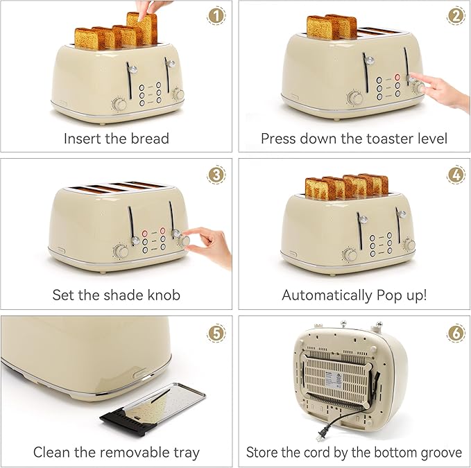 Toaster 4 Slice, Retro Stainless with 6 Bread Shade Settings,1.5''Wide Slots Toaster with Cancel/Defrost/Reheat Functions,Dual Independent Control Panel, Removal Crumb Tray (Cream)