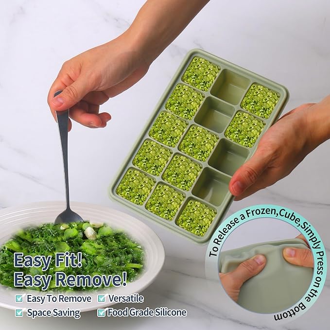 2 Tbsp Silicone Freezer Molds - Perfect for Storing Garlic, Herbs, Ginger, Pesto, Tomato Paste, Lemon Juice, Purees and More - Silicone Food Freezer Tray(Green 2 Pack)