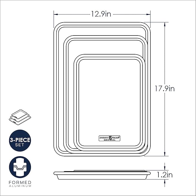 Nordic Ware Naturals 3 Piece Set - USA Made Aluminum Commercial Quality Sheet Pan for Baking or Roasting, Encapsulated Galvanized Steel Rim Prevents Warping; Half Sheet, Jelly Roll and Quarter Sheet