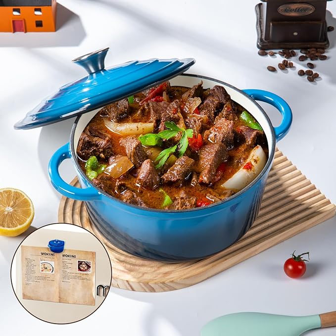 Enameled Cast Iron Dutch Oven Pot with Lid Heavy-Duty Cookware for Bread Baking, Braising, Stews, Roasting,7QT，blue