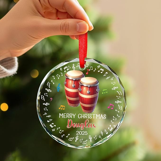 Conga Player Christmas Glass Keepsake, Personalized Text & Name Conga Musical Instrument Xmas Ornament Gifts For Music Lovers, Instrumentalist Ornament Christmas 2025, Custom Musician Glass Ornaments