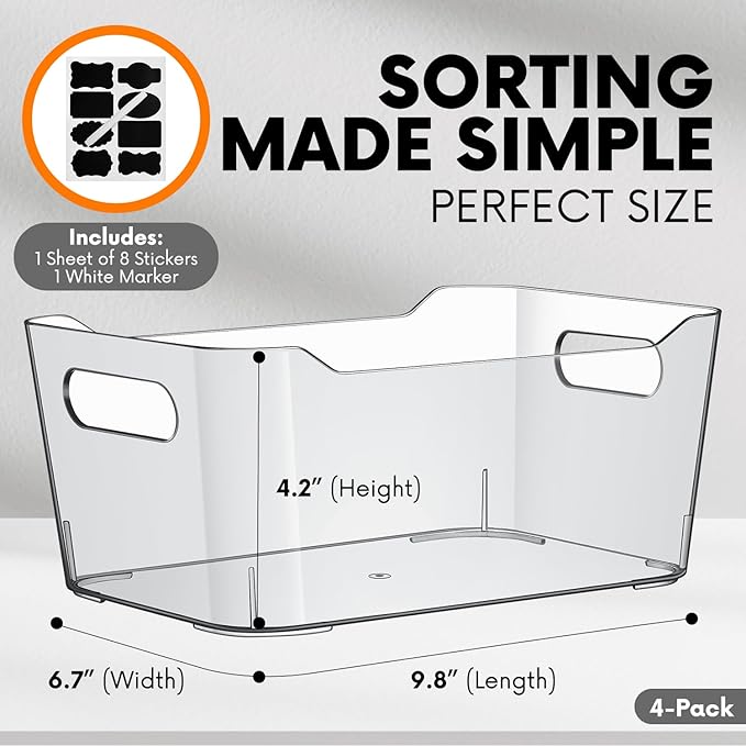 Clear Plastic Storage Bins with Labels, Pantry Organizers and Storage Containers Fridge Organizer Bins Kitchen Cabinet Organization for Organizing Medicine Cabinet Organizer Bin Bathroom Refrigerator