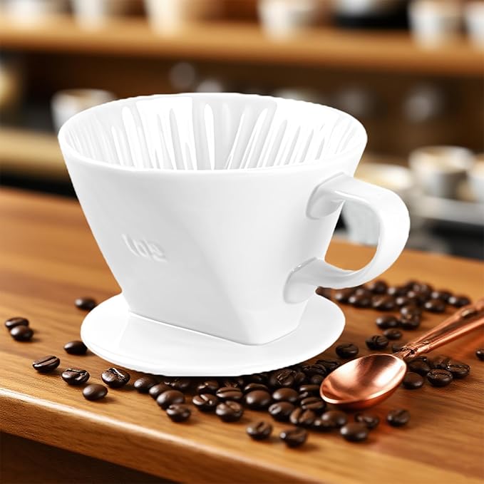 Handmade Pour Over Ceramic Coffee Dripper - Authentic Brewing Experience for Camping, Office, and Home (White)