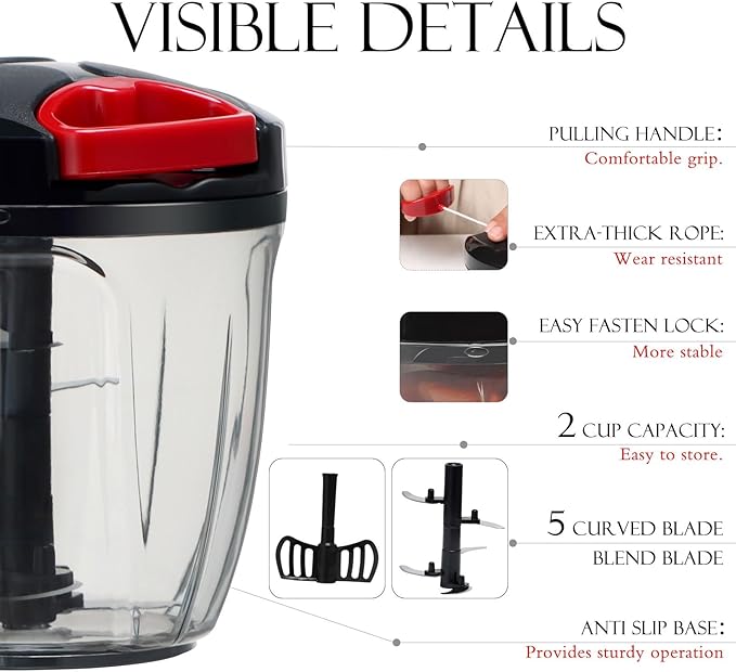 Ourokhome Manual Food Processor Vegetable Chopper, Portable Hand Pull String Garlic Mincer Onion Cutter for Veggies, Ginger, Fruits, Nuts, Herbs, etc., 900ml, Black