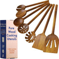 Non-Toxic Wooden Spoons for Cooking– 7-Piece Kitchen Utensils Set, Glue-Free & One-Piece Cooking Utensils, Natural Wooden Utensil Set with Plant-Based Finish, Free of Forever Chemicals