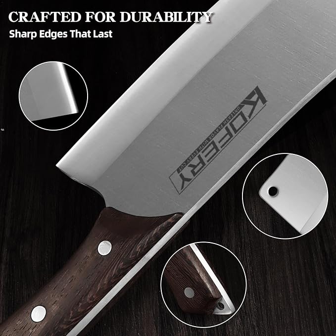 KOFERY 7 Inch Professional Meat Cleaver - Heavy Duty Bone Chopper, Butcher Knife for Meat and Bone Cutting, High Carbon Steel Chinese Cleaver with Wooden Handle