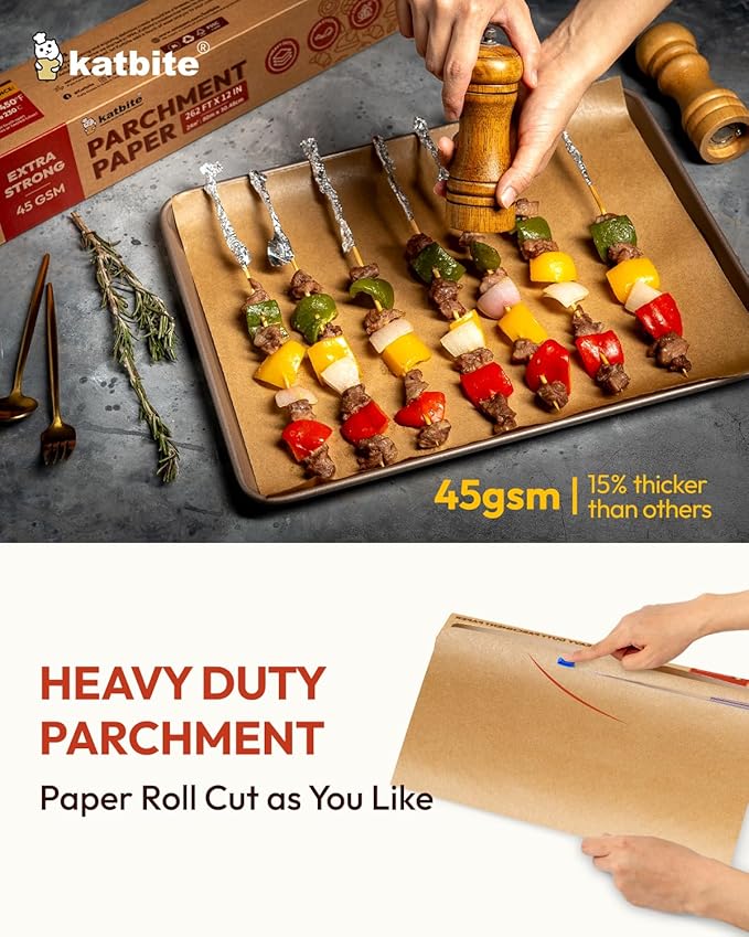 Unbleached Parchment Paper Roll for Baking 12in x 262ft, 260 Sq.Ft, Heavy Duty & Non-stick Baking Paper with Slide Cutter, Brown Parchment Paper for Cooking, Air Fryer, Steaming, Bread