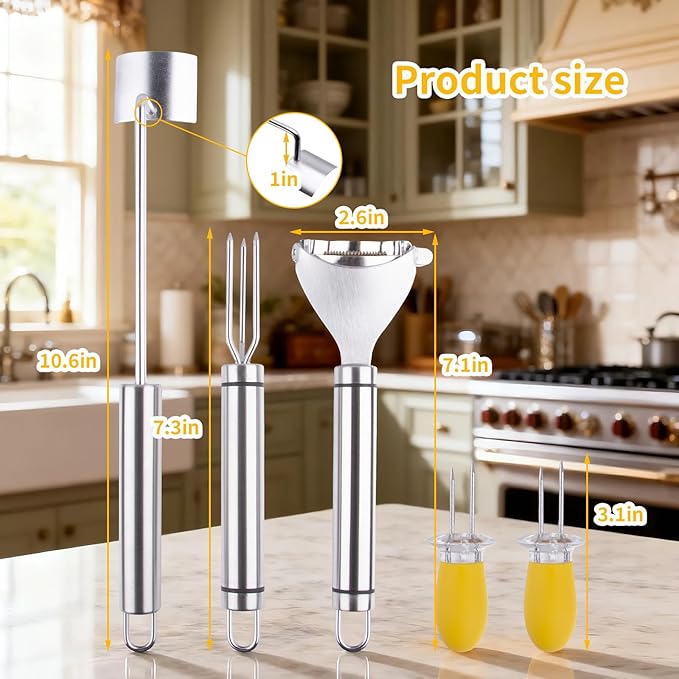 Corn Peeler and Stripper Tool, 4 Pack, Corn Peeler for Corn on The Cob, 2025 New Long Handle Stainless Steel Corn Stripper Tool, Quick Corn Cob Stripper for Home Kitchen, Restaurant & Outdoor Dining