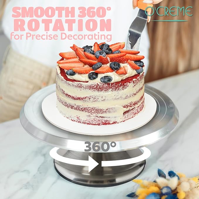 O’Creme Cake Turntable Stand, 12 inch – Heavy-Duty Aluminum Alloy Rotating Turn Table Display Lazy Susan for Decorating Cakes & Cupcakes with Non-Slip Base- Ideal for Weddings, Birthdays