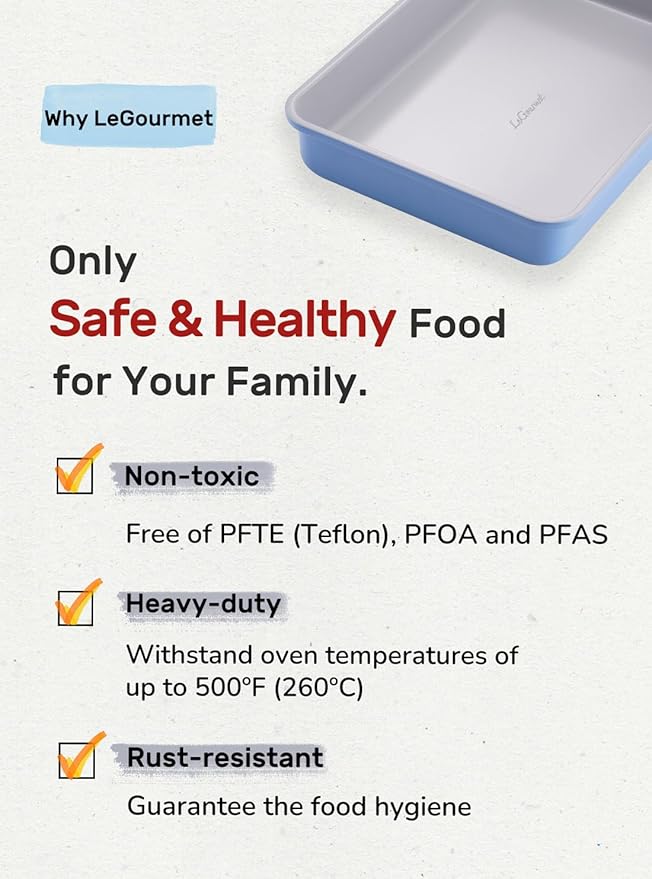 LeGourmet Nonstick Rectangle Baking Pan 9x13 Inch, Ceramic Coating, Non-Toxic, Rust Resistant Aluminized Steel, Perfect Baking Dish for Brownie Cake, Roasting, Lasagna - Cyan
