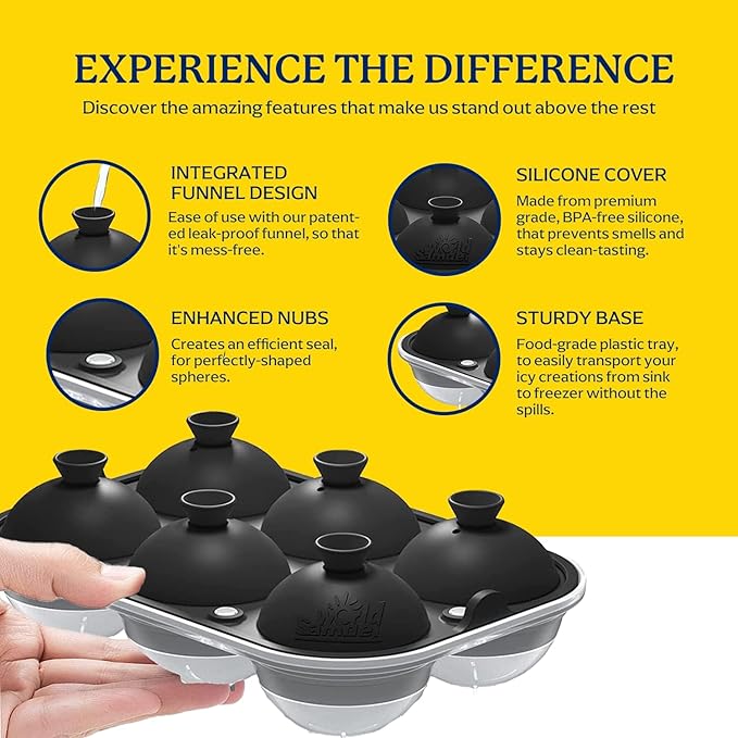 Samuelworld Large Ice Ball Maker with Lid, 12 x 2.5 Inch Ice Balls - Food Grade, Easy To Fill Round Silicone Ice Tray, Perfect Spheres Craft Ice Maker for Whiskey, Cocktails, Gifting - Black