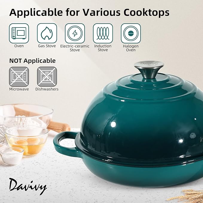 Davivy 5.5QT Dutch Oven for Sourdough Bread, Enameled Cast Iron Dutch Oven with Lid, 10" Round Sourdough Bread Oven, Bread Cloche for Bread Baking - Gradient Teal