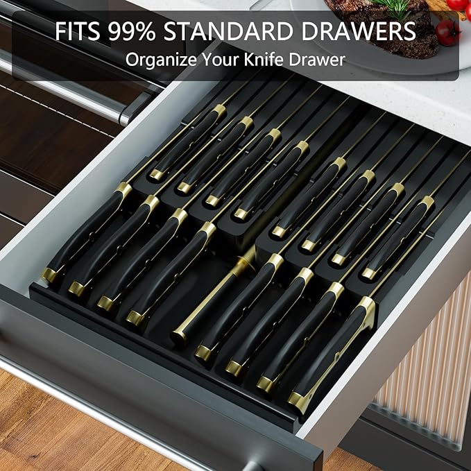 Domax Bamboo In-drawer Knife Block - Knife Drawer Organizer Insert Large Handle Steak Knife Holder, Kitchen Drawer Knife Organizer Fits for 16 knives and 1 Sharpening Steel (Not Included), Black