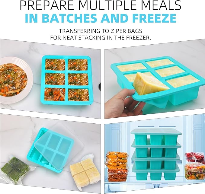Silicone Freezer Tray With Lid - Soup Freezer Container molds - Large Ice Cube Tray- makes 12 perfect 1 cup portions cubes, 2-Pack Freezer Storage Food Soups & Meal Prep (Aqua 2 Pack)
