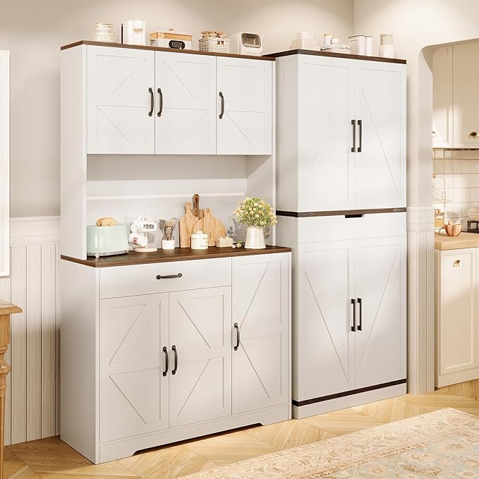 71" Kitchen Pantry Cabinet with Charging Station, Buffet Sideboard for Coffee Maker & Toaster, Storage Cabinet for Snacks, Spices & Wine, Fits Kitchen, Dining Room & Coffee Bar，White