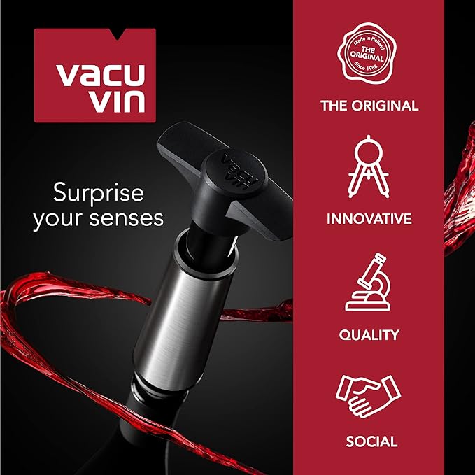 Vacu Vin Wine Saver Pump Pink with Vacuum Wine Stopper - Keep Your Wine Fresh for up to 10 Days - 1 Pump 4 Stoppers - Reusable - Made in the Netherlands