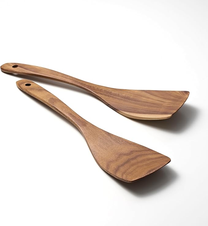 2 Pcs Wooden Spatula for Cooking Flat Wooden Spatula Set 12.5 inch Teak Spatula Set Flat Spatula for Non Stick Frying Pan Wood Cooking Utensils Set Wood Kitchen Utensils Set for Cooking