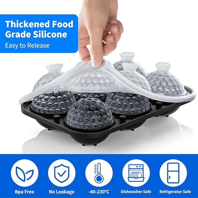 6 Chamber 2.2" 3D Golf Gifts Ice Cube Tray With Funnel,Large Round Ice Ball Maker Mold Silicone Fun Shapes Bourbon Sphere Ice Molds,For Chilling Whiskey,Cocktails,Bourbon,Brandy and Beverages