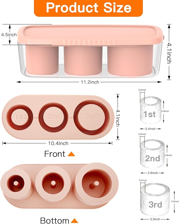 Ice Cube Tray for Tumbler Cup 30Oz-40Oz, 3 Pcs Silicone Cylinder Ice Mold with Lid and Bin for Freezer, Easy Fill and Release Ice Maker for Whiskey, Cocktail BPA-Free (Pink, 40Oz)