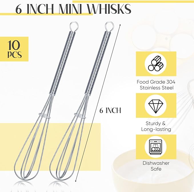 Baderke 10 Pcs 6 Inch Mini Whisk Bulk Small Whisks for Cooking 304 Stainless Steel Tiny Whisk for Baking, Whipping, Beating Eggs, Mixing Sauces, Blending Ingredients