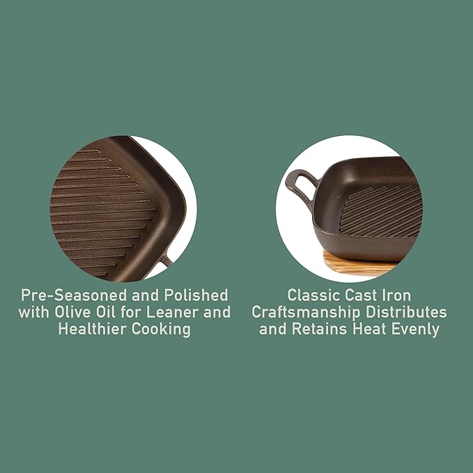 Bloomhouse Natural Bronze Finish 12-Inch Square Cast Iron Grill Pan – Olive Oil Treated Surface with Dual Handles & Olive Wood Trivet, Oven, Grill & Campfire Safe