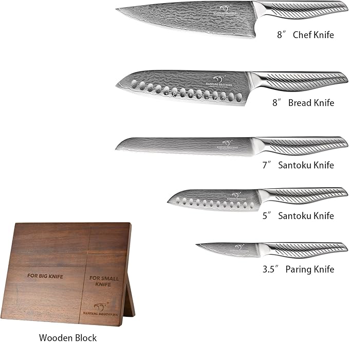 NANFANG BROTHERS® Kitchen Knife Set with Magnetic Knife Holder, 6-Piece Damascus Steel Knives & Acacia Wood magnetic Block - Includes Chef, santoku, Bread, Small Santoku, Fruit Knives