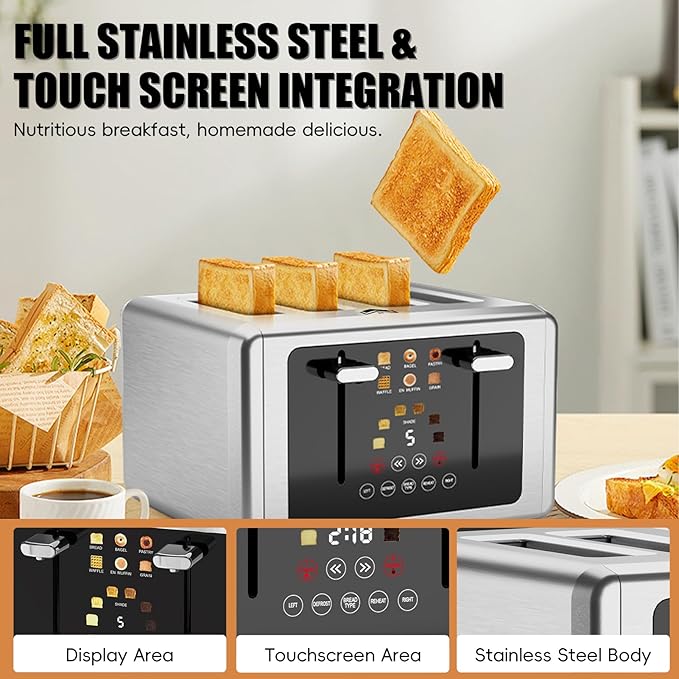 Touch screen Toaster 4 slice,Stainless Steel Digital Timer Toasters with Sound/Screen-Off Function,6 Bread Types & Shade Settings,Smart 1.5 Wide Slots Toaster with Bagel,Defrost,Stainless Steel