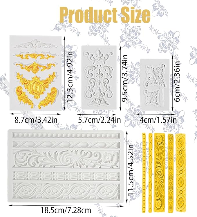 4 Pcs Baroque Style Silicone Molds Curlicues Scroll Lace Fondant Molds Relief Flower Mould Filigree Mold 3D Sculpted for Gummy Sugar, Cupcake Topper, Polymer Clay, Crafting Projects