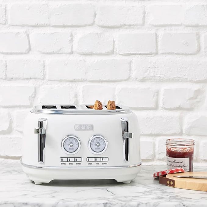 Haden Dorset 4 Slice Wide Slot Stainless Steel Toaster with Adjustable Browning Control & Non-Slip Feet, Ivory & Chrome