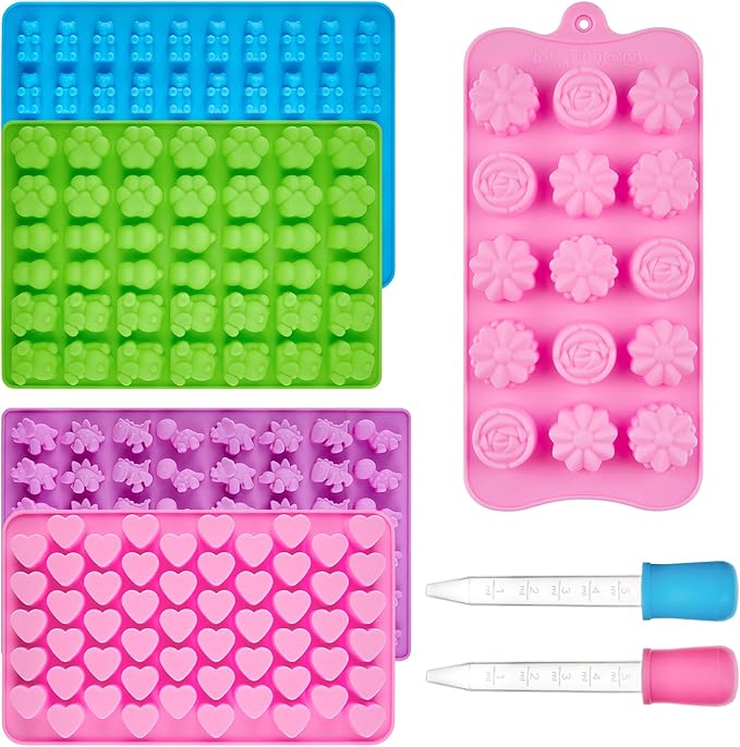 Gummy Candy Molds with 2 Droppers, Silicone Molds Include Bear, Dinosaur, Heart, Flower, Paw, 5 Pcs, 210 Cavities