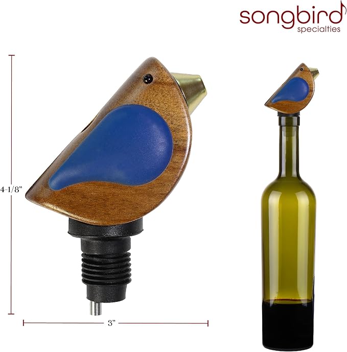 Songbird Specialties Wine Bottle Pourer, Fun Wine Pourer Spout Sings While It Pours, Airtight Wine Bottle Sealer, Acacia Wood with Blue Wings