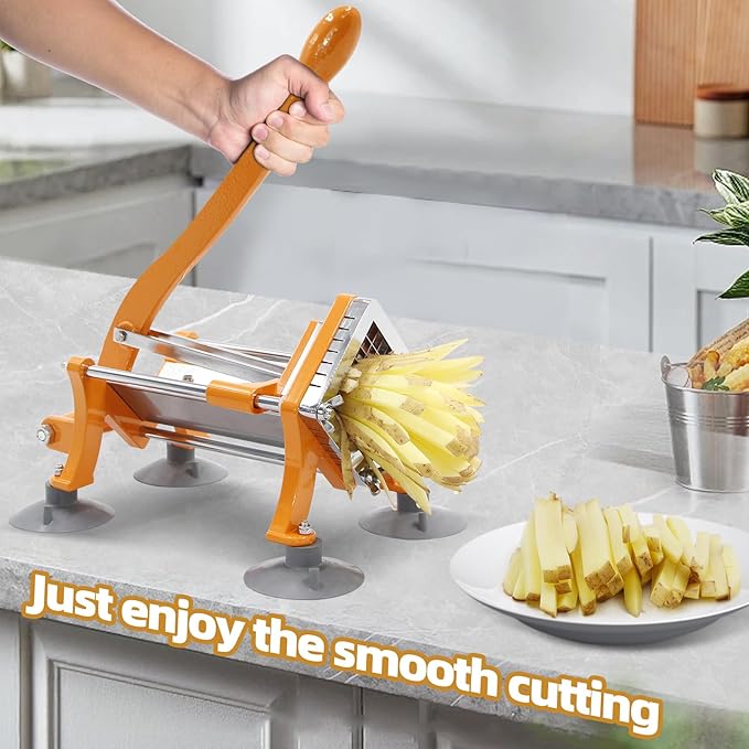 French Fry Cutter Commercial Potato Slicer with Suction Feet Complete Set, Includes 3/8", Orange