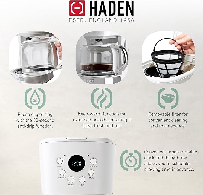 HADEN Coffee Machine, 12 Cup Drip Coffee Maker Bundled with Heritage 1.7 Liter Stainless Steel Electric Kettle, Ivory & Chrome