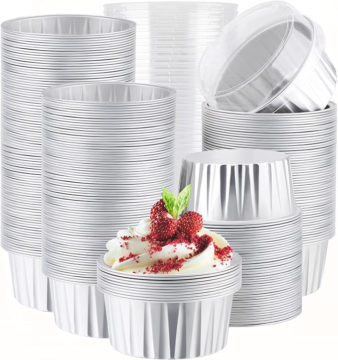 EUSOAR Aluminum Foil Baking Cups, 400pcs 5oz Disposable Mini Ramekins Cupcake Liners with Lids for Baking, Dessert Containers Aluminum Cheesecake Pan Creme Brulee Cup for Oven-Silver
