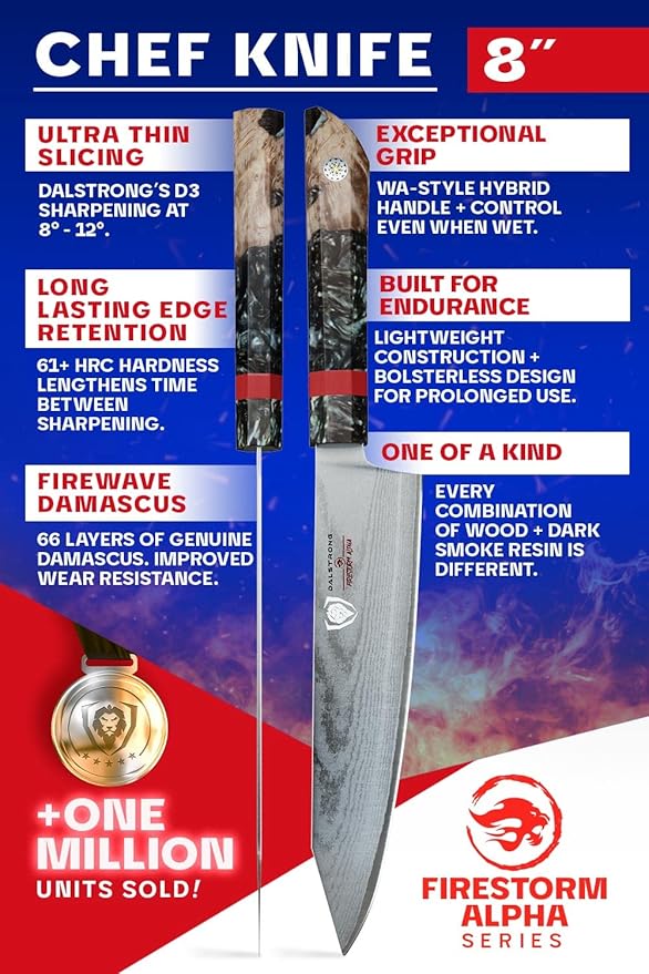 Dalstrong Chef Knife - 8 inch - Firestorm Alpha Series - Premium 10Cr15CoMoV High-Carbon Steel - Traditional Japanese Wa Stabilized Wood & Resin Handle - Kitchen Knife - Chef's Knife