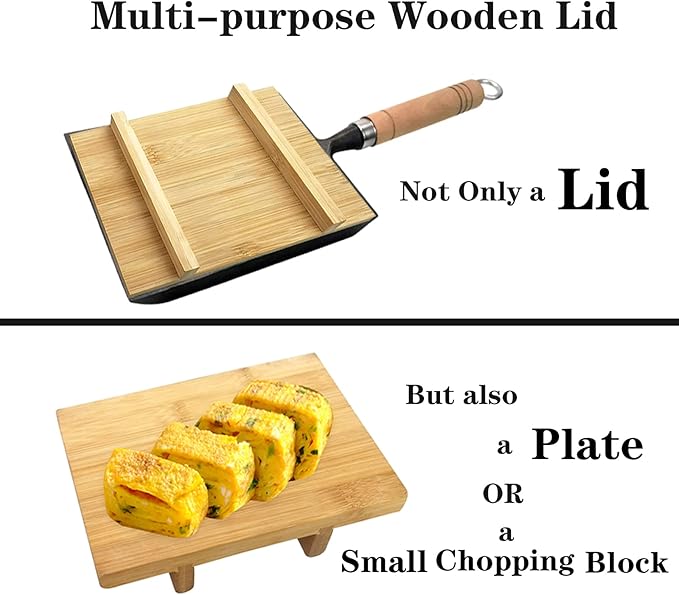 Tamagoyaki Japanese Omelette Pan Cast Iron with Wooden Lid, Square Japanese Egg Pan, Rectangle Tamago Pan with Spatula & Chopsticks 7” x 6” (Black)