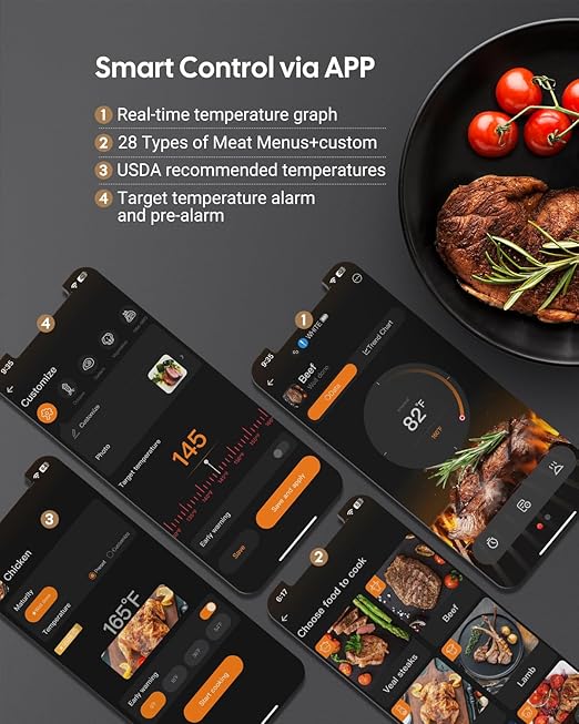 5G WiFi Wireless Meat Thermometer for Smoker Bluetooth, Dual Probes, Fitflavor Bluetooth Meat Thermometer for Grill BBQ, Smart Meat Probe for Food Cook Oven Grilling, Rechargeable