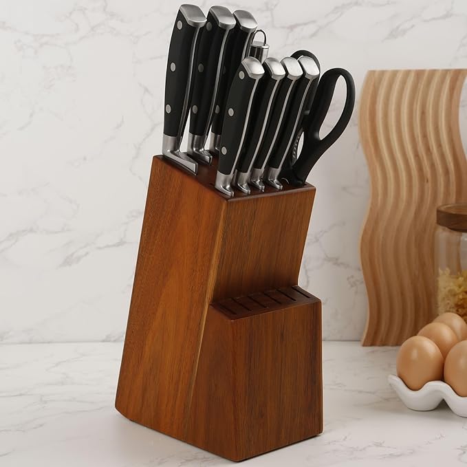 Kitchen knife holder elegant & sturdy (15 slots). Universal knife block with slots for knives, scissor and sharpenner. Knife Block without Knives. Kitchen knife holders for counter top. (Acacia)