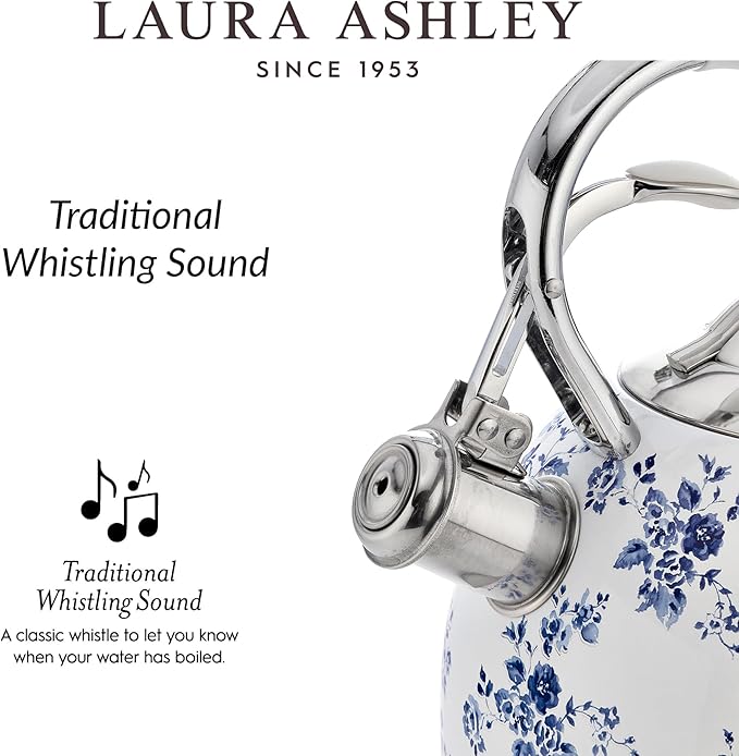 VQ Laura Ashley China Rose 2.5L Stainless Steel Tea Kettle Stovetop Whistling Teapot for Induction, Gas Hob or others. Silicon Coated Cool Handle & Push Button Mechanism Vintage Stove Top Kettle