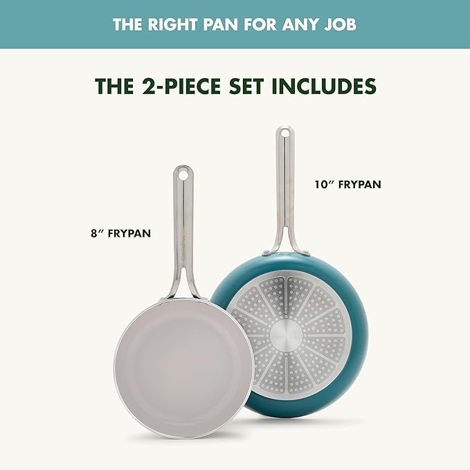 GreenPan Nova 8” & 10” 2 Piece Frying Pan Skillet Set, Oprah’s Favorite Things 2024, Induction Suitable PFAS-Free Nontoxic Ceramic Nonstick, Dishwasher & Oven Safe, Quick Even Heating, Deep Teal