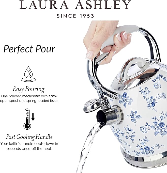 VQ Laura Ashley China Rose 2.5L Stainless Steel Tea Kettle Stovetop Whistling Teapot for Induction, Gas Hob or others. Silicon Coated Cool Handle & Push Button Mechanism Vintage Stove Top Kettle