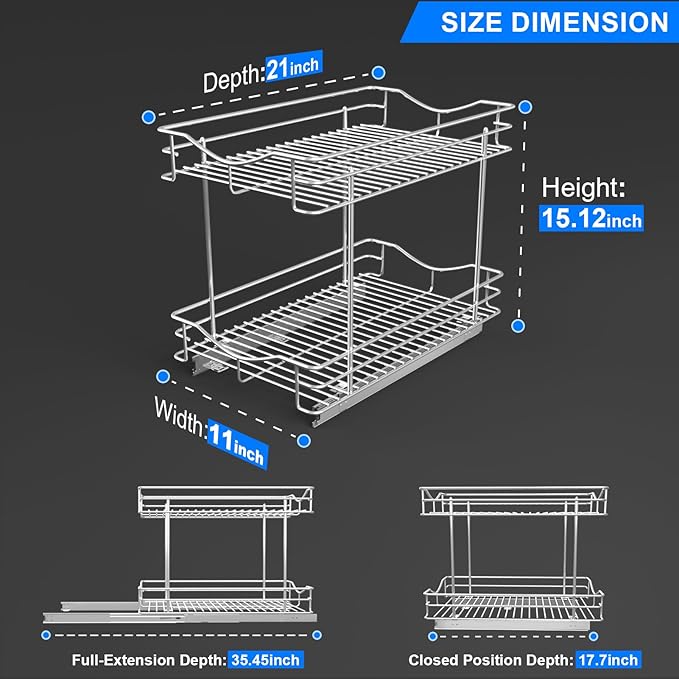 Fulgente Chrome Finish Pull Out Drawer Cabinet Organizer, Professional Wire Frame 2 Tier Heavy Duty Slide Out Kitchen Cabinet Storage Shelves, Sliding Drawer for Cabinet 11"W x 21"D