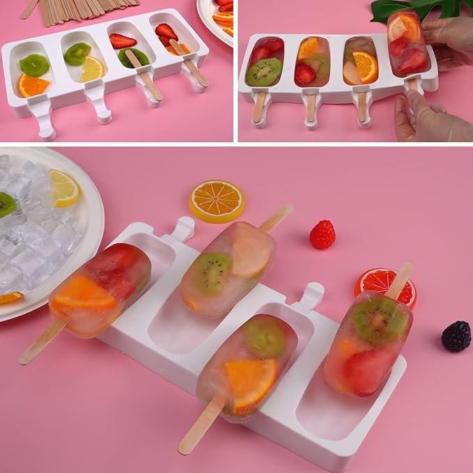 Sakolla 2 Pack Mini Popsicle Silicone Molds, 4 Cavities Oval Ice Pop Molds with 50 Wooden Sticks for Homemade Ice Cream, Cakesicles, Cake Pop (White)
