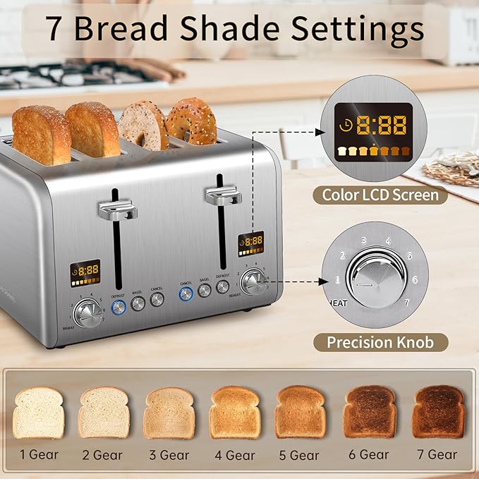 SEEDEEM 4 Slice Stainless Toaster - Color LCD Display, 7 Shade Settings, 1.5'' Wide Slots with Bagel/Defrost/Reheat Functions, Removable Crumb Tray, Silver Metallic, 1800W