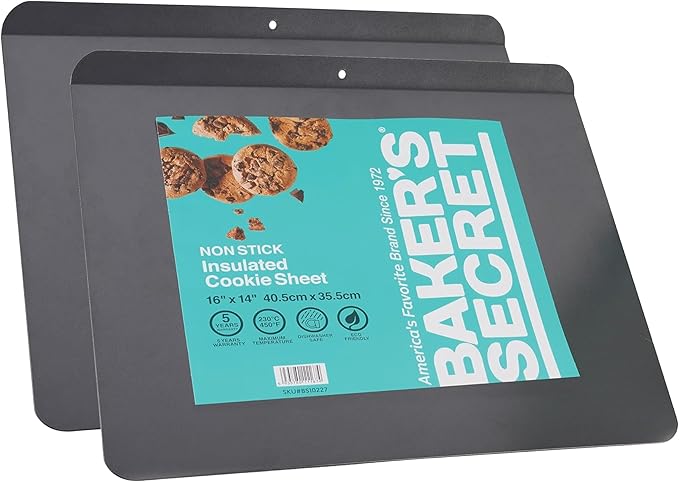 Baker's Secret 2pcs Insulated Cookie Sheet Cookie Tray 16" x 14", Carbon Steel Insulated Double Wall, for Baking Roasting Cooking, Dishwasher Safe Home Baking Supplies PFOA, PFOS, PTFE free