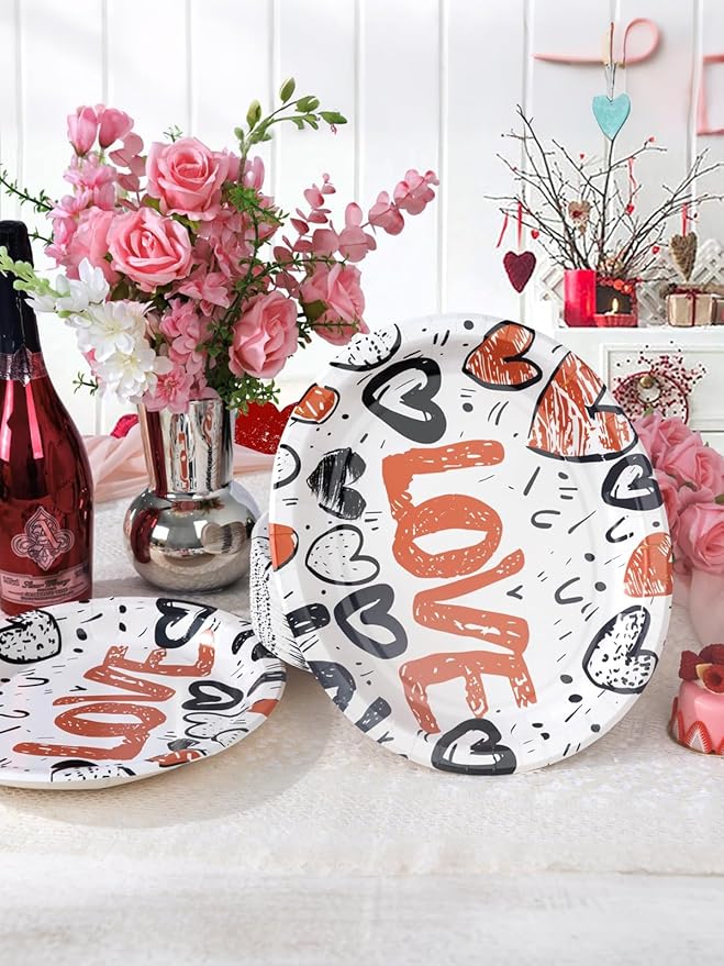 WDF 50PCS Heart Paper Plates -10"x12" Heart Plates Disposable -Love Design Valentines Plates for Weddings/Anniversary Birthday Party Thanksgiving